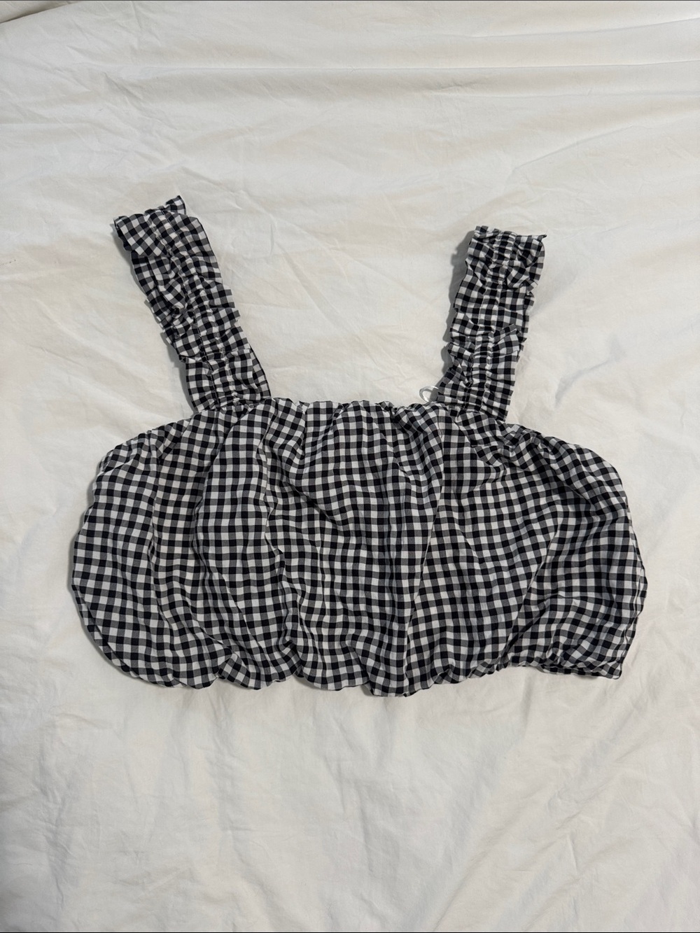 Gingham Ruffled Strap Bubble Hem Crop Top - Black & White Gingham